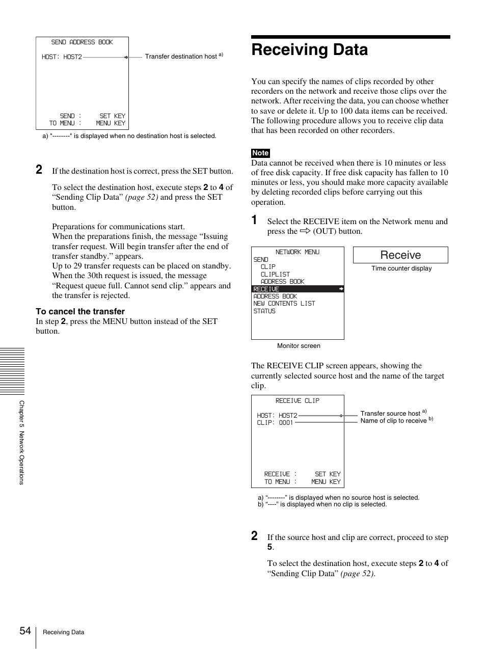 Receiving data, Receive | Sony DSR-DR1000A User Manual | Page 54 / 105