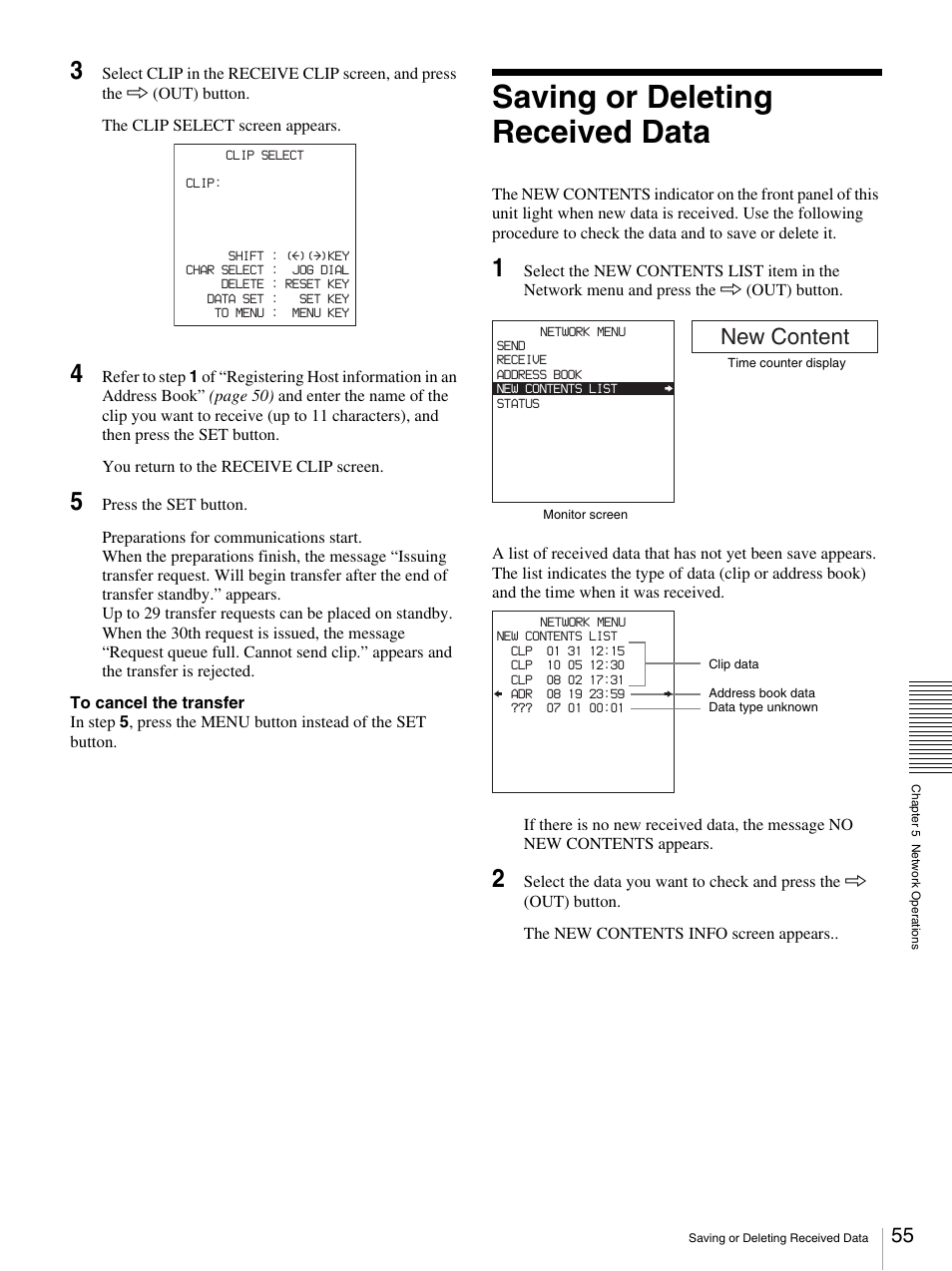 Saving or deleting received data, New content | Sony DSR-DR1000A User Manual | Page 55 / 105
