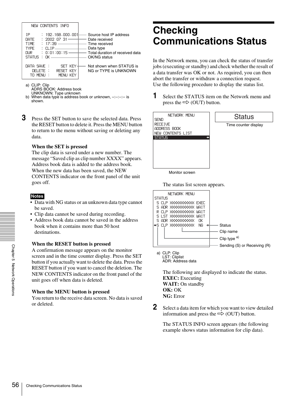 Checking communications status, Status | Sony DSR-DR1000A User Manual | Page 56 / 105