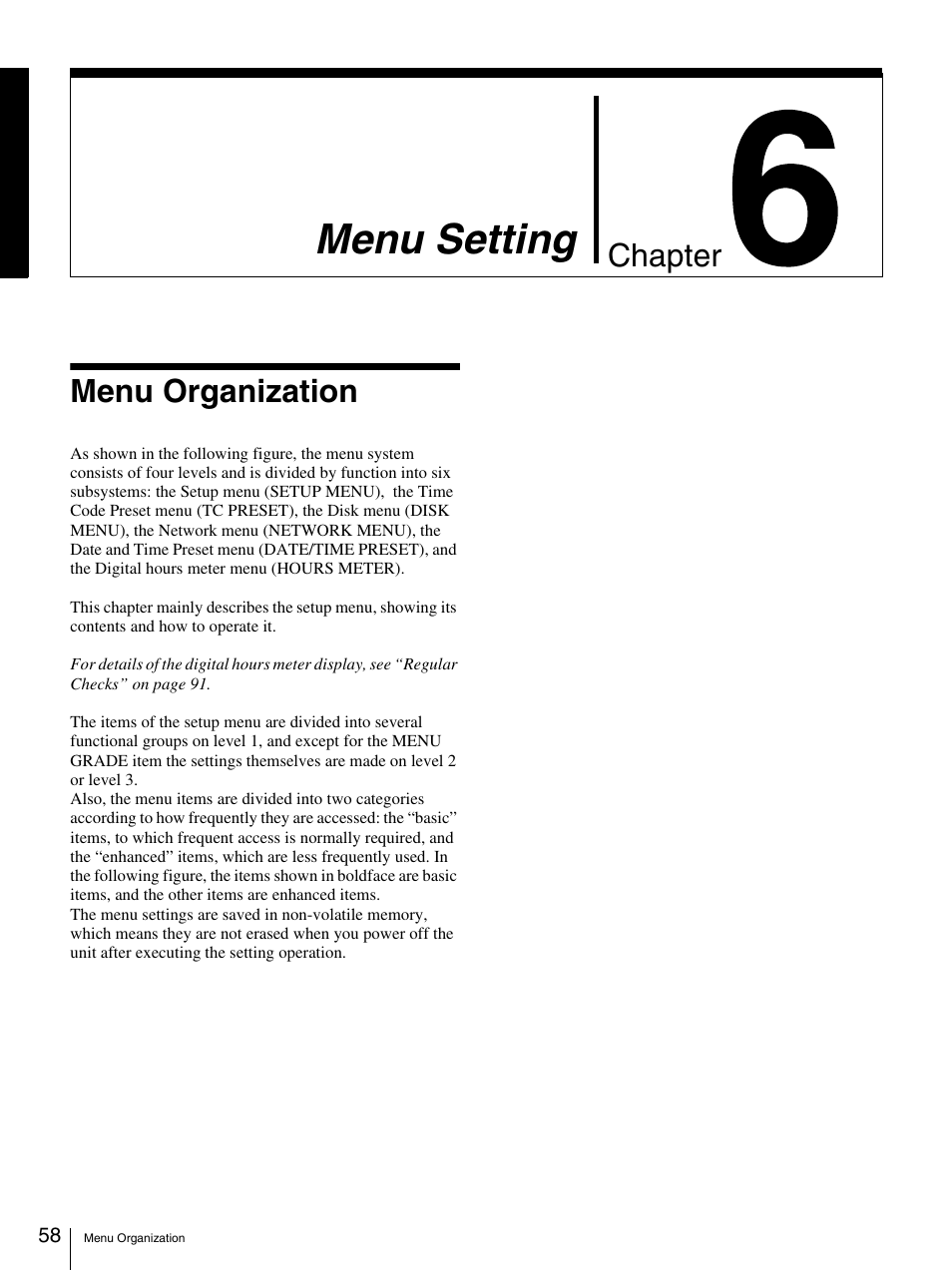 Chapter 6 menu setting, Menu organization, Menu setting | Chapter | Sony DSR-DR1000A User Manual | Page 58 / 105