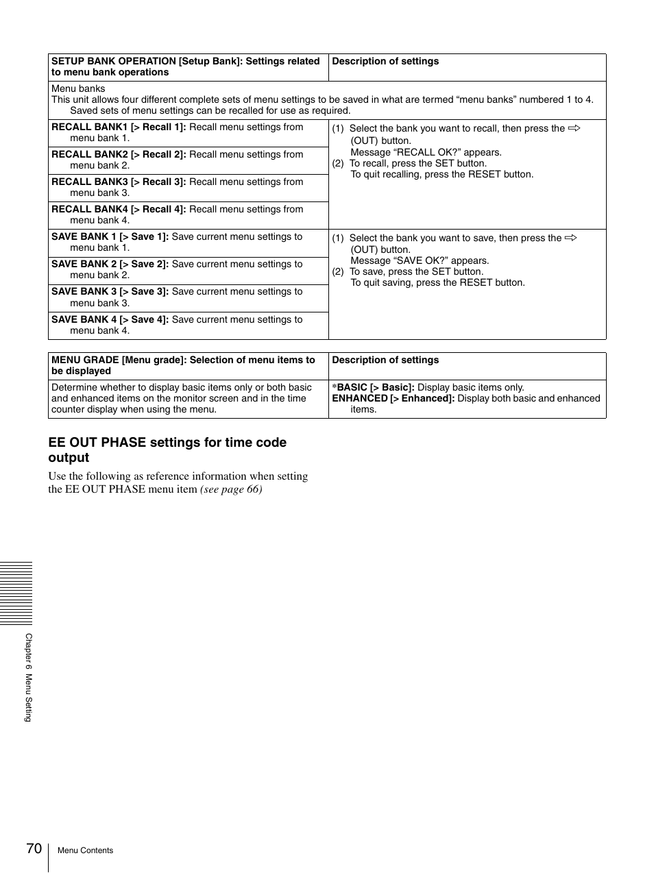 Ee out phase settings for time code output | Sony DSR-DR1000A User Manual | Page 70 / 105