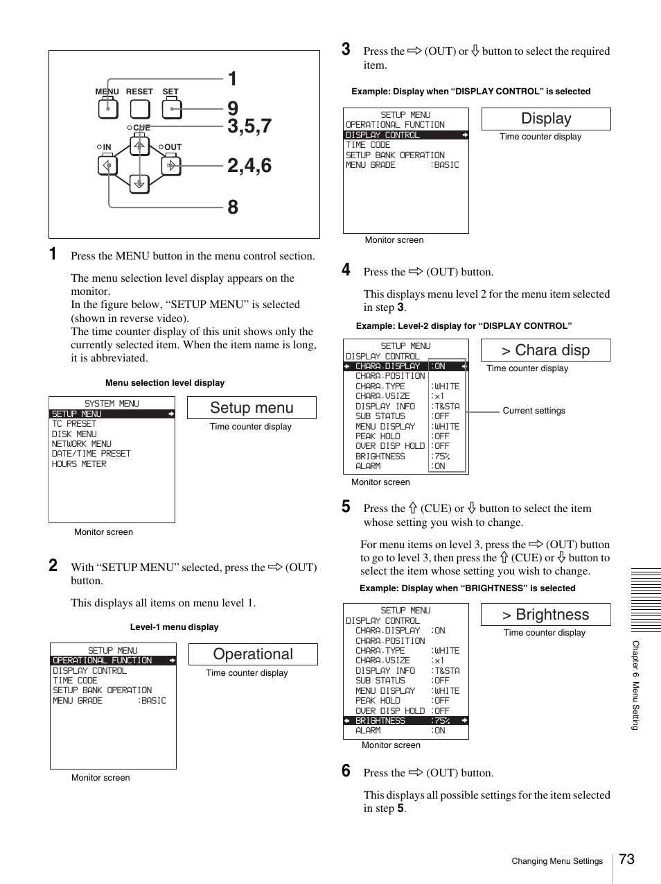 Setup menu, Operational, Display | Chara disp, Brightness | Sony DSR-DR1000A User Manual | Page 73 / 105