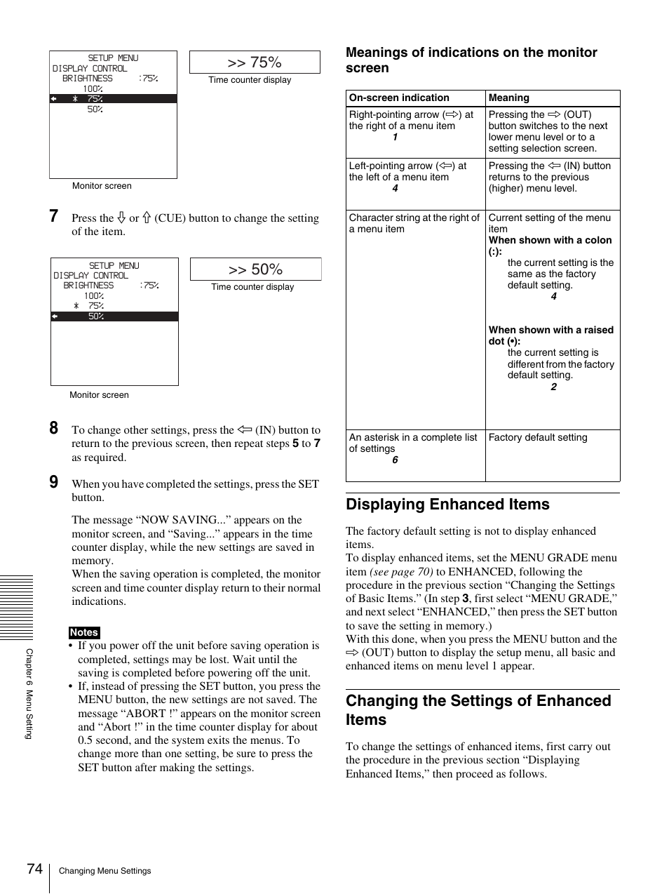 Displaying enhanced items, Changing the settings of enhanced items, Meanings of indications on the monitor screen | Sony DSR-DR1000A User Manual | Page 74 / 105