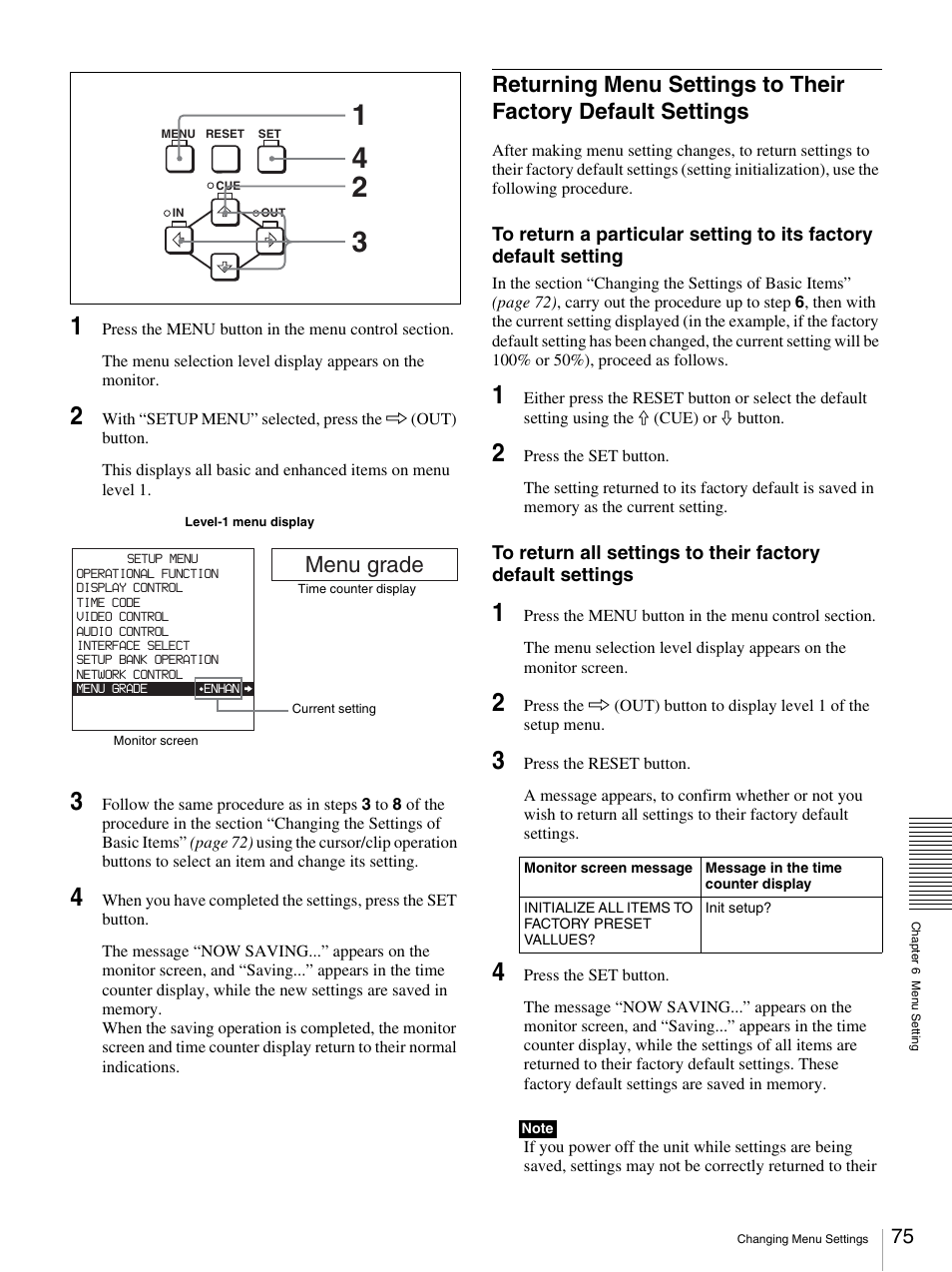 Returning menu settings to their factory default, Settings, Menu grade | Sony DSR-DR1000A User Manual | Page 75 / 105