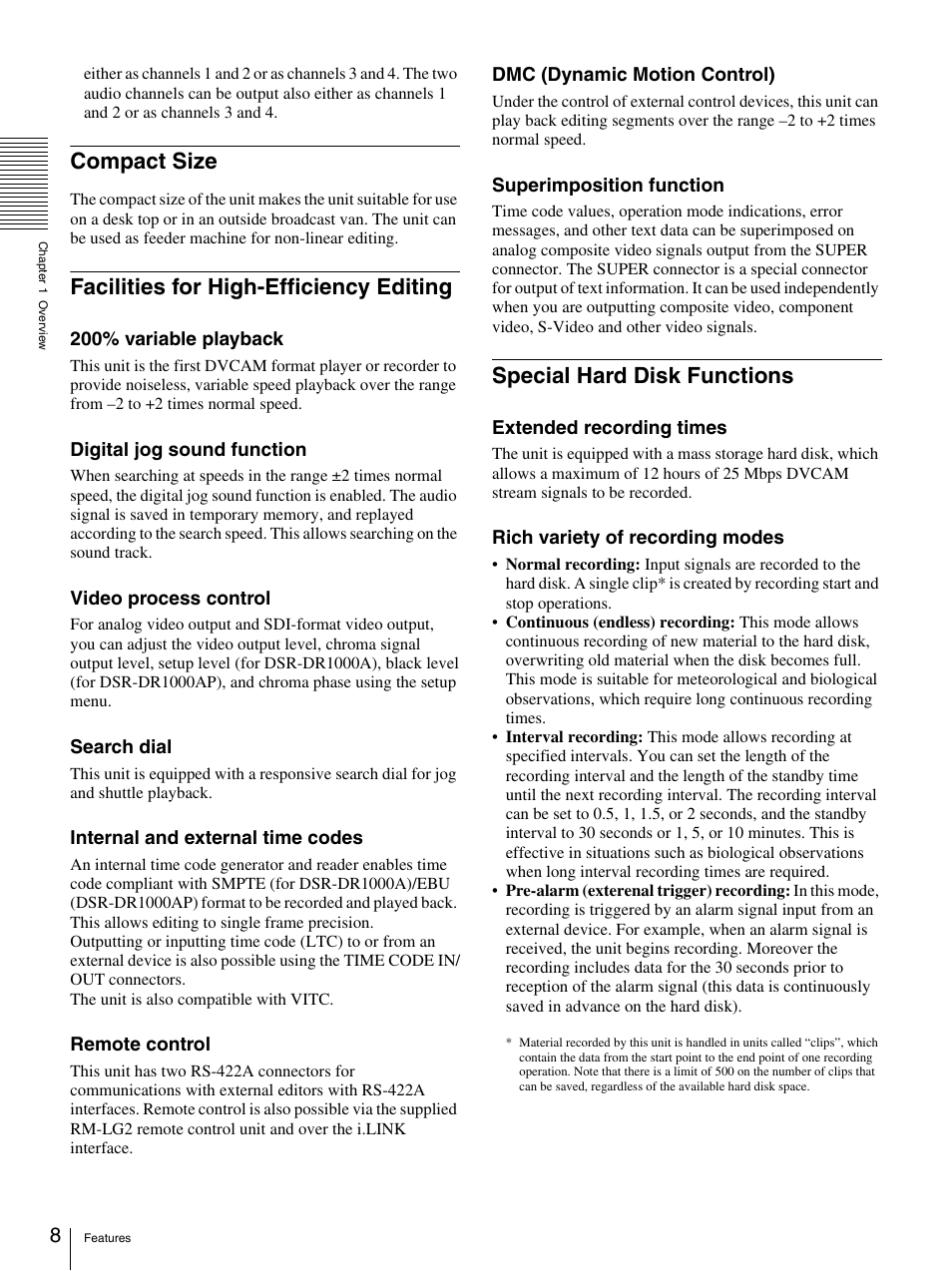 Compact size, Facilities for high-efficiency editing, Special hard disk functions | Sony DSR-DR1000A User Manual | Page 8 / 105