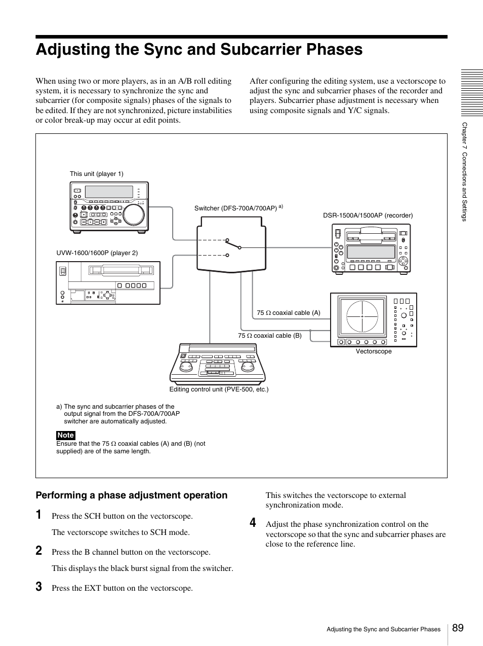 Adjusting the sync and subcarrier phases, Performing a phase adjustment operation | Sony DSR-DR1000A User Manual | Page 89 / 105
