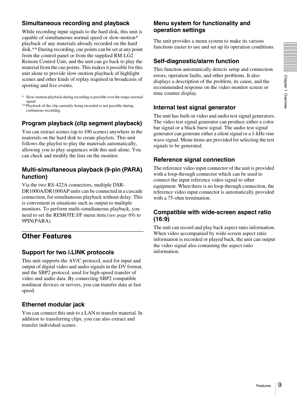 Other features | Sony DSR-DR1000A User Manual | Page 9 / 105