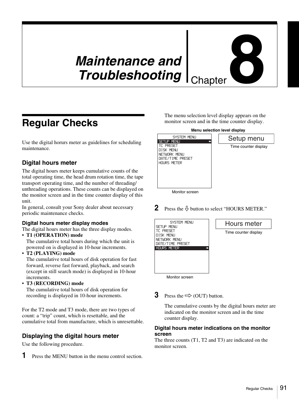 Chapter 8 maintenance and troubleshooting, Regular checks, Maintenance and troubleshooting | Chapter | Sony DSR-DR1000A User Manual | Page 91 / 105