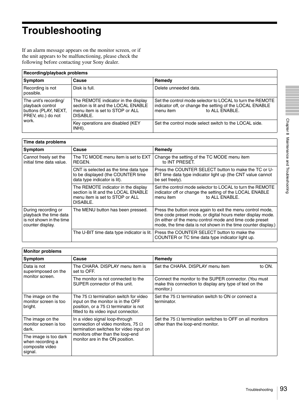 Troubleshooting | Sony DSR-DR1000A User Manual | Page 93 / 105