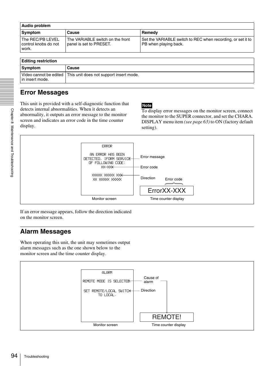 Error messages, Alarm messages, Errorxx-xxx | Remote | Sony DSR-DR1000A User Manual | Page 94 / 105