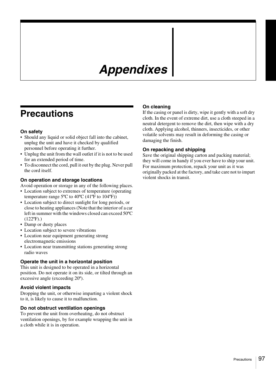 Appendixes, Precautions | Sony DSR-DR1000A User Manual | Page 97 / 105