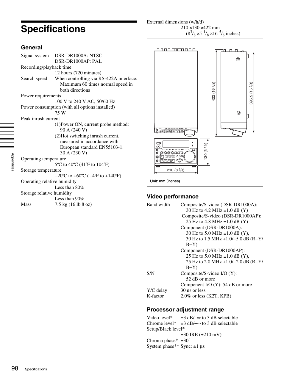 Specifications, General, Video performance | Processor adjustment range | Sony DSR-DR1000A User Manual | Page 98 / 105
