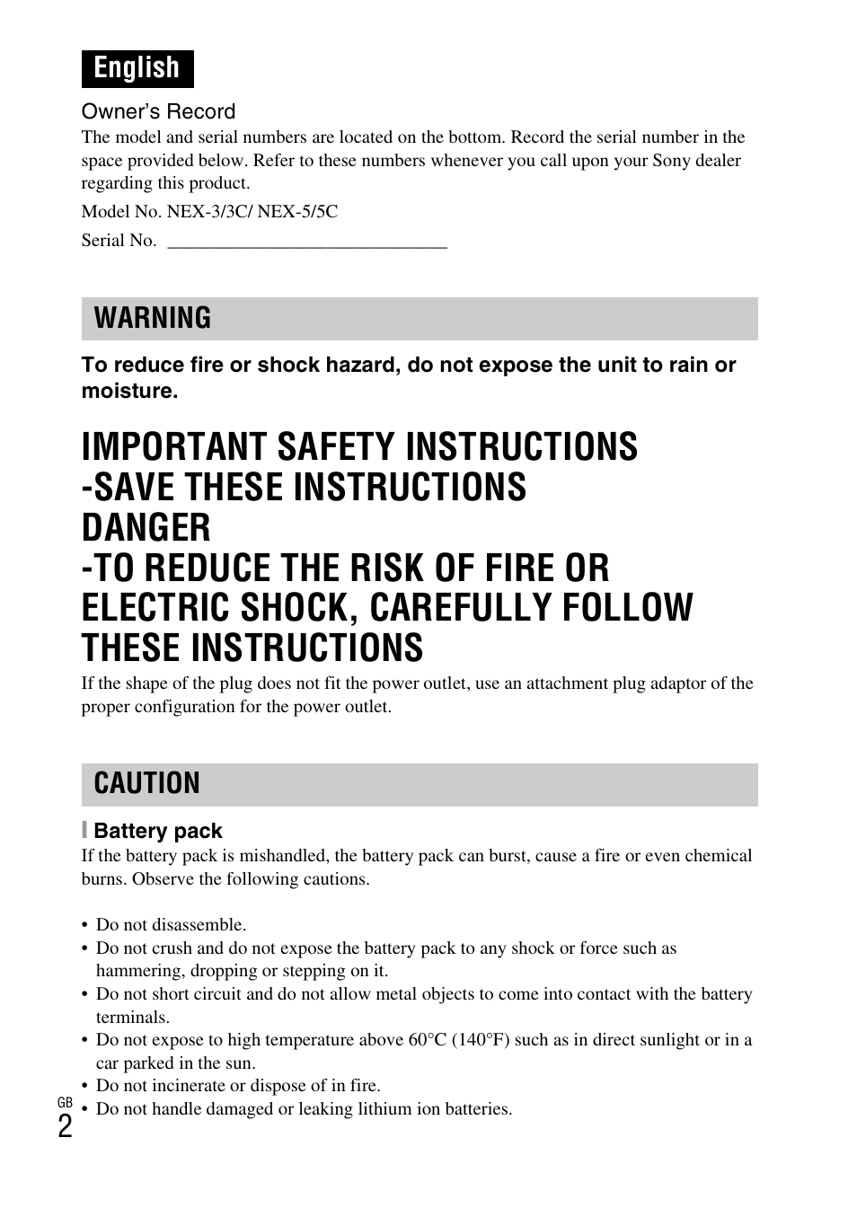 English warning caution | Sony NEX-5 User Manual | Page 2 / 82