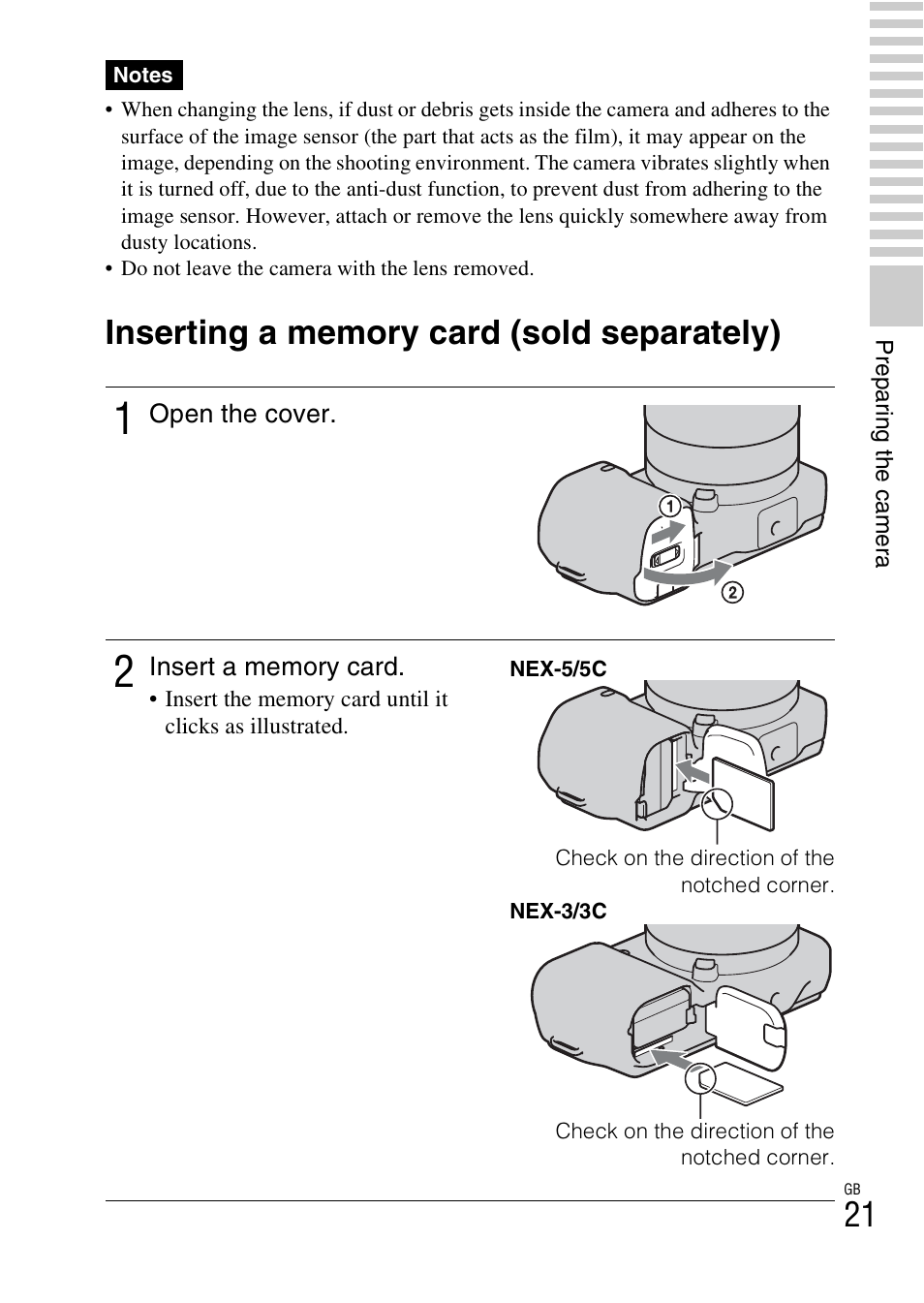 Inserting a memory card (sold separately) | Sony NEX-5 User Manual | Page 21 / 82