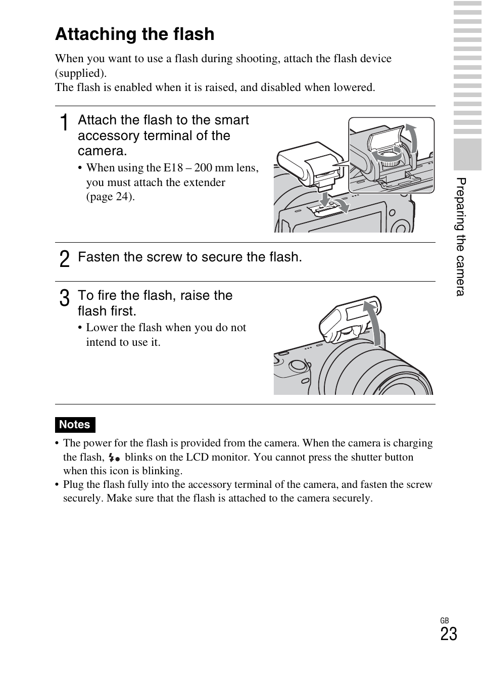 Attaching the flash | Sony NEX-5 User Manual | Page 23 / 82