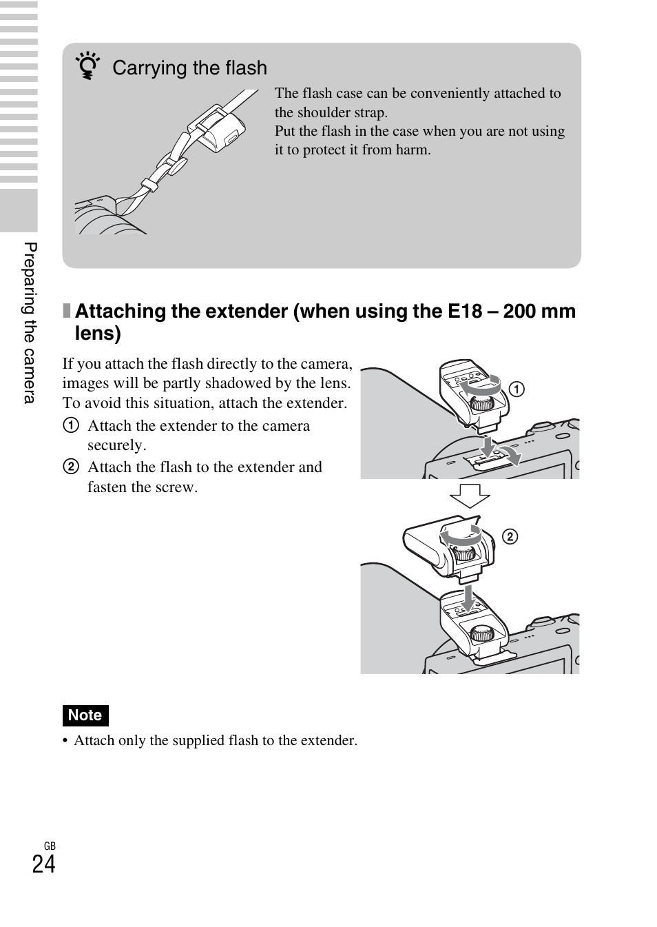 Carrying the flash | Sony NEX-5 User Manual | Page 24 / 82