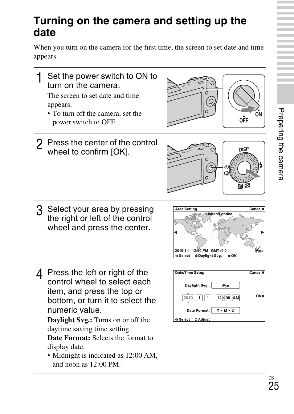 Turning on the camera and setting up the date | Sony NEX-5 User Manual | Page 25 / 82