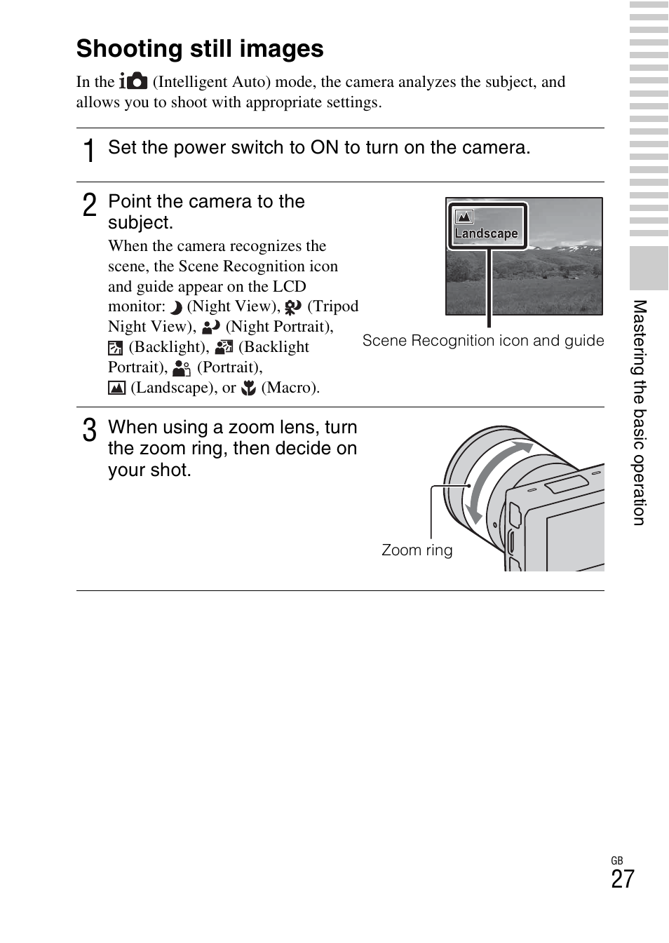 Mastering the basic operation, Shooting still images | Sony NEX-5 User Manual | Page 27 / 82