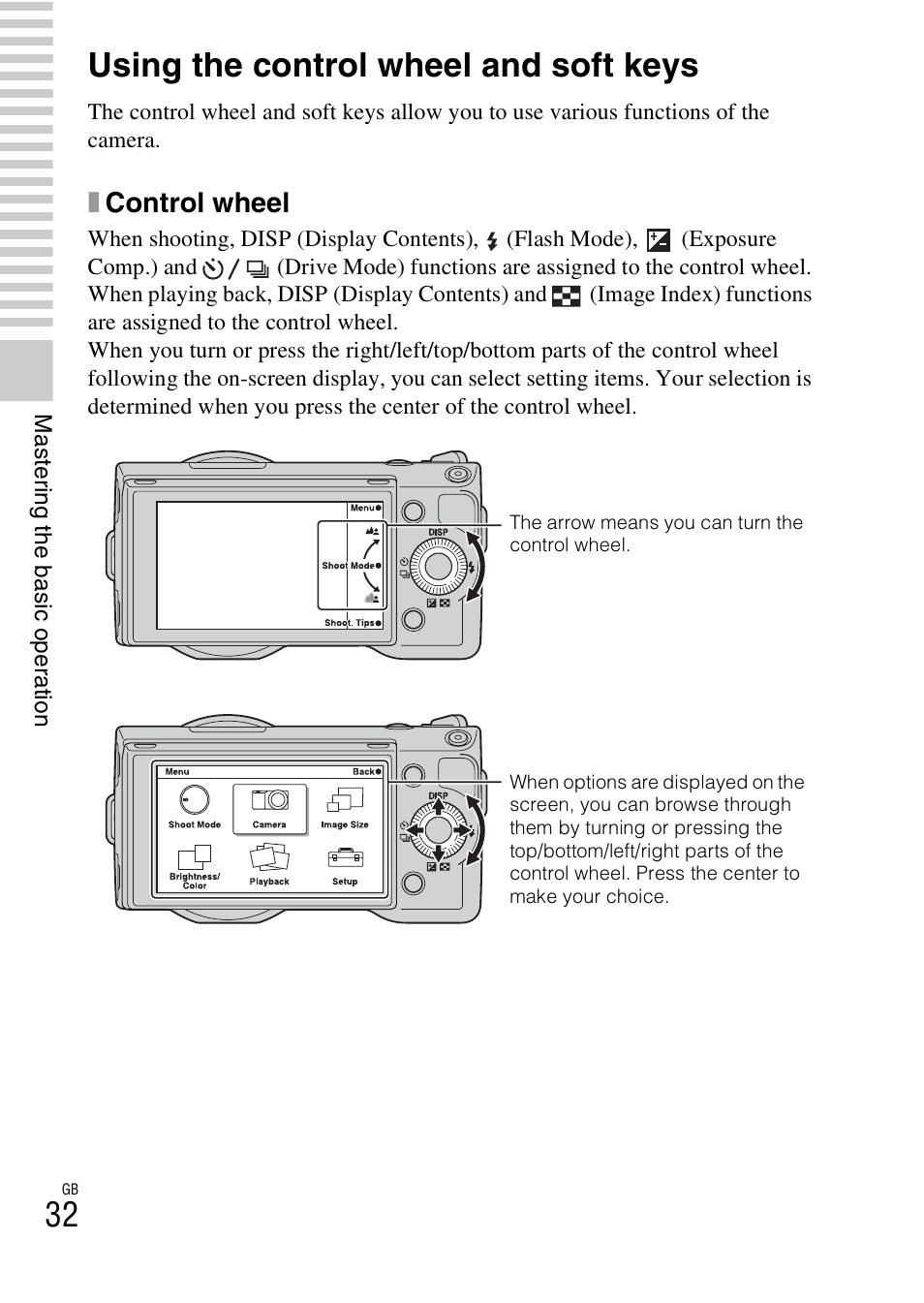 Using the control wheel and soft keys, Xcontrol wheel | Sony NEX-5 User Manual | Page 32 / 82