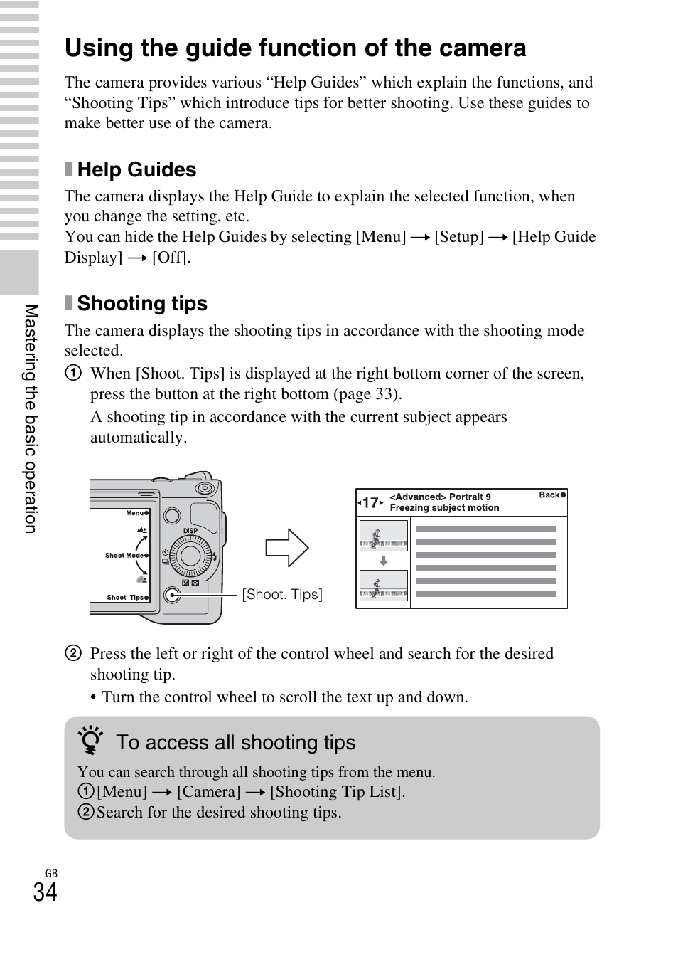 Using the guide function of the camera, Xhelp guides, Xshooting tips | Sony NEX-5 User Manual | Page 34 / 82
