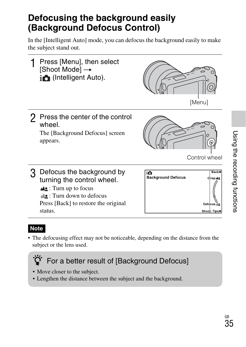 Using the recording functions | Sony NEX-5 User Manual | Page 35 / 82