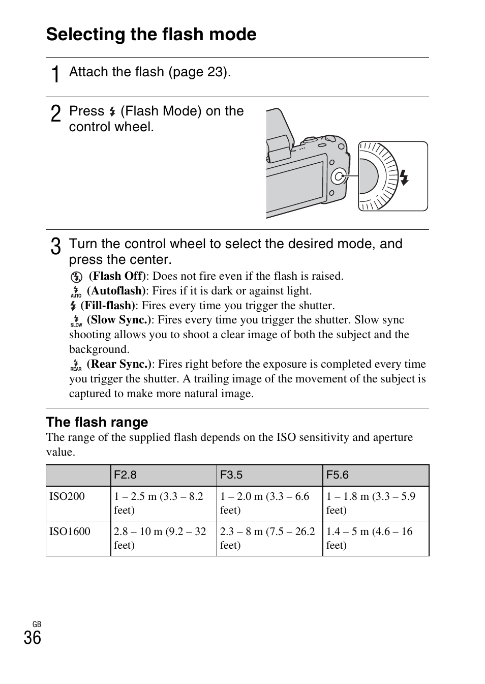 Selecting the flash mode, 36 selecting the flash mode | Sony NEX-5 User Manual | Page 36 / 82