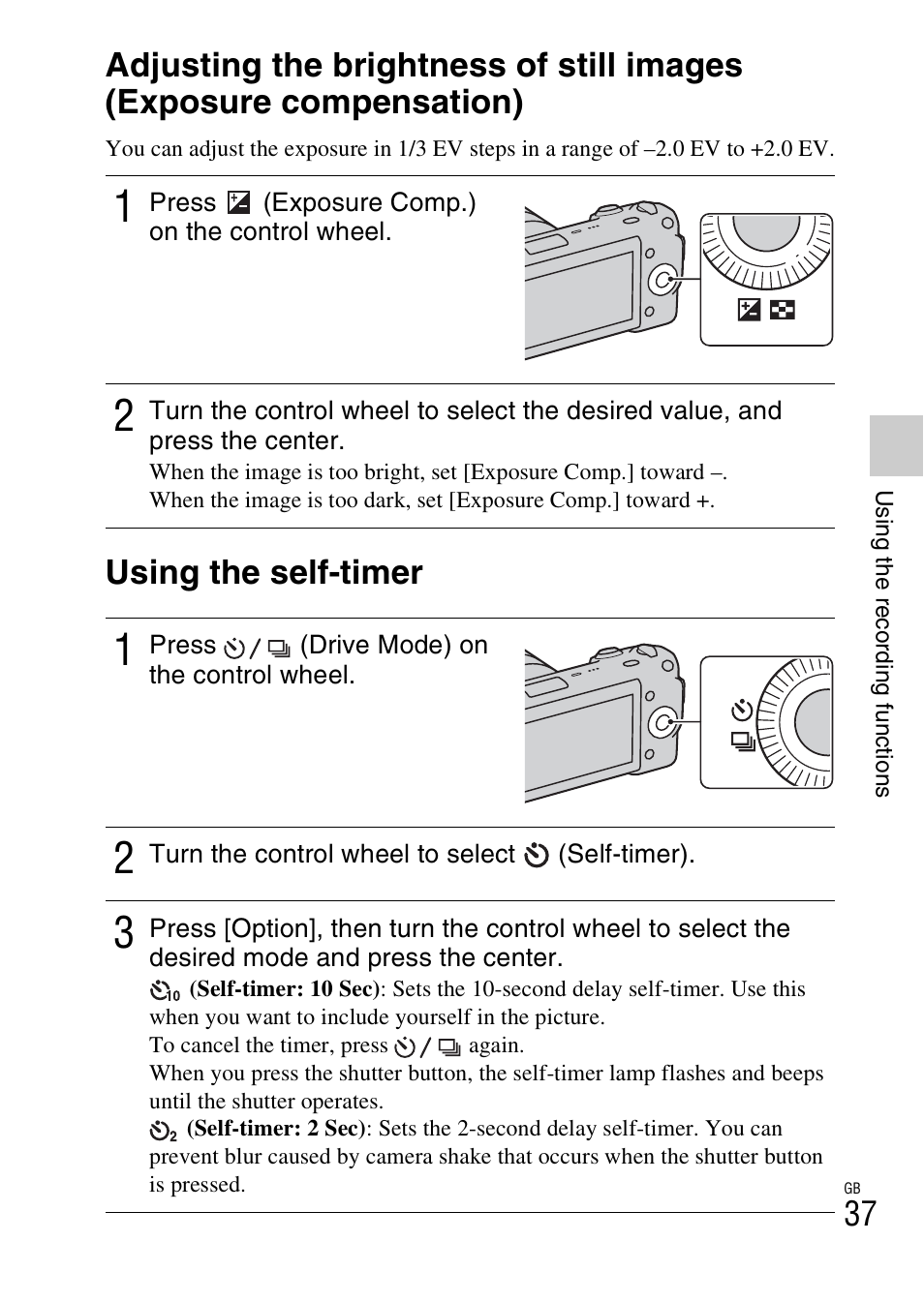 Using the self-timer | Sony NEX-5 User Manual | Page 37 / 82