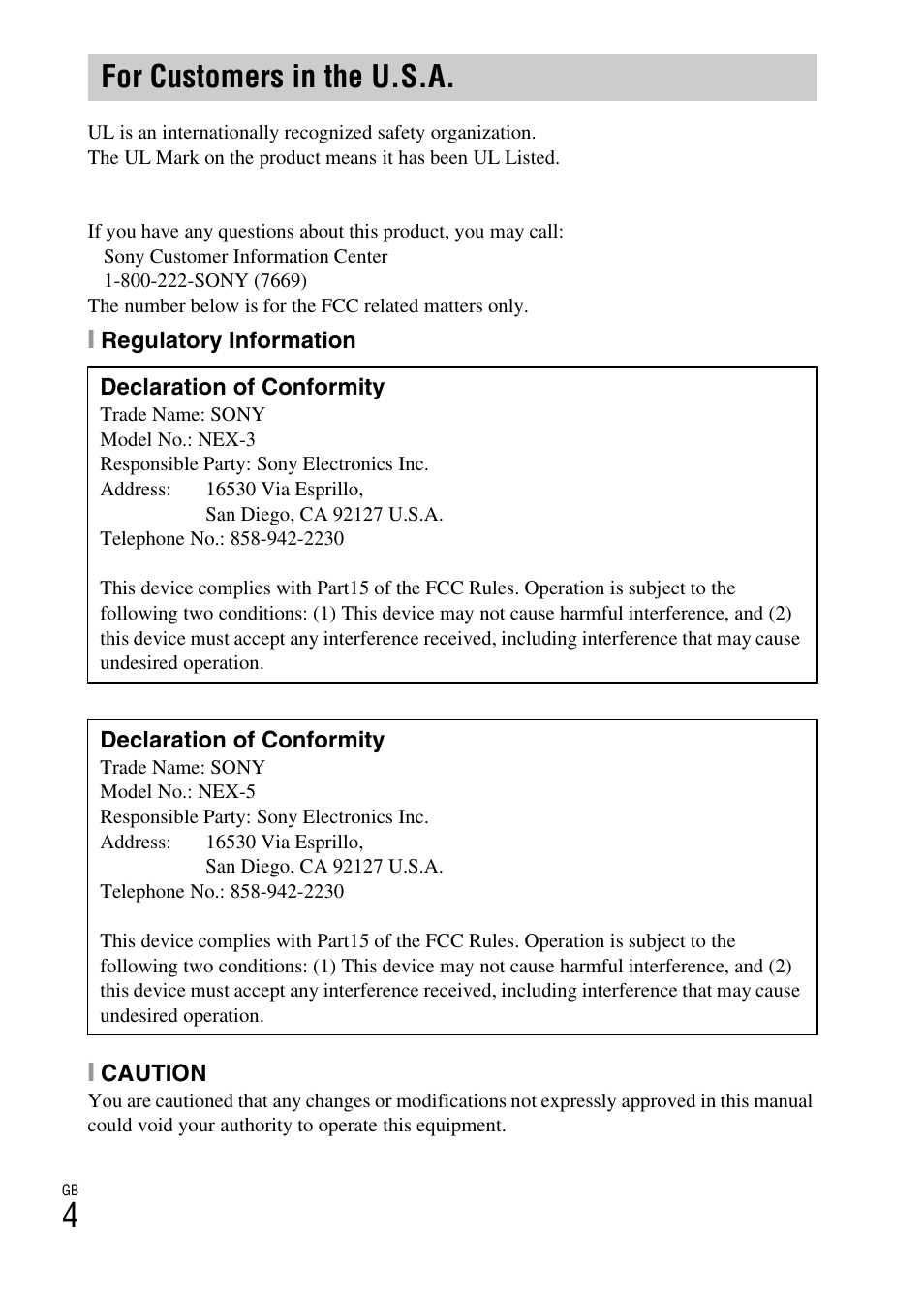 For customers in the u.s.a | Sony NEX-5 User Manual | Page 4 / 82