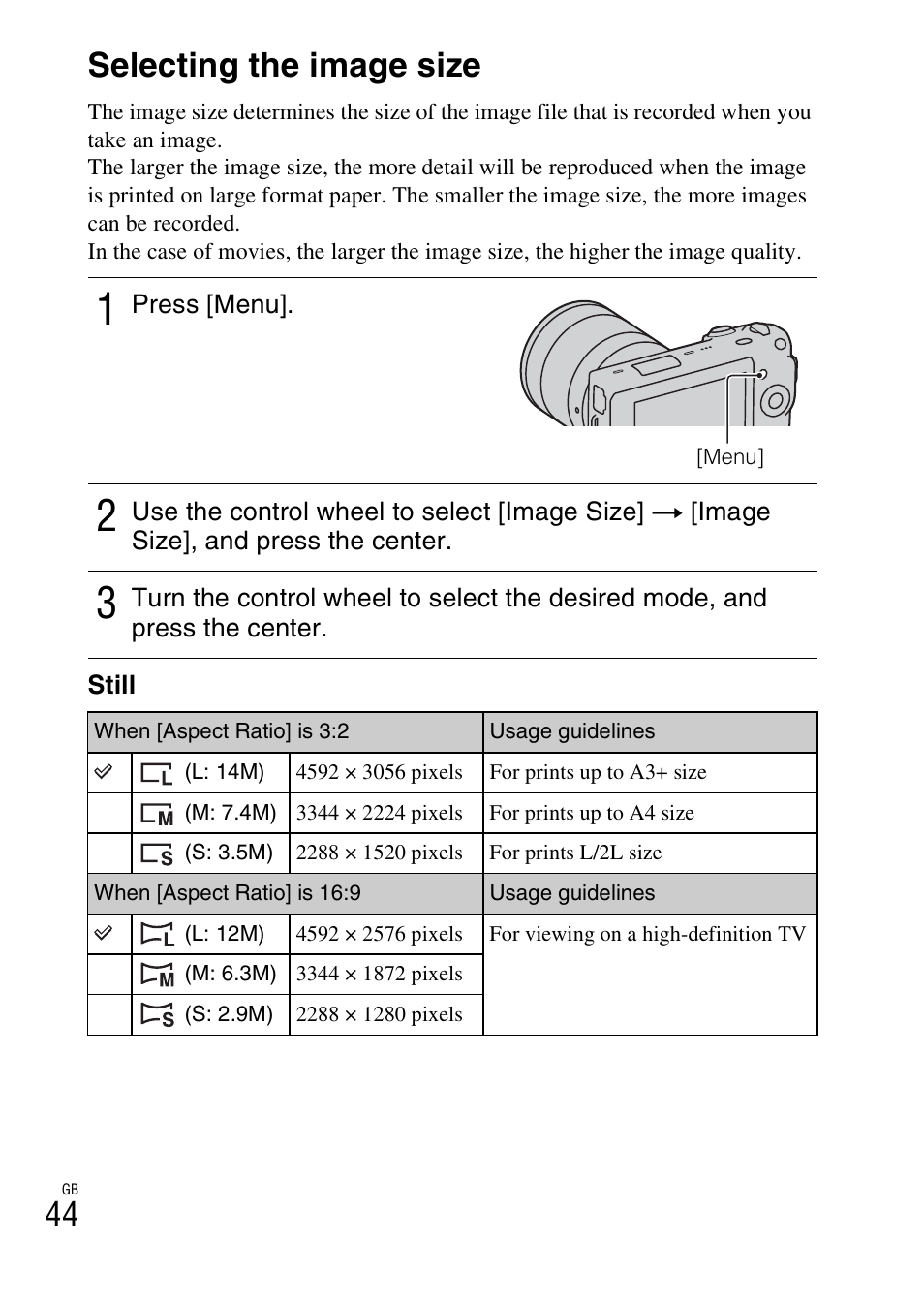 Selecting the image size, 44 selecting the image size | Sony NEX-5 User Manual | Page 44 / 82