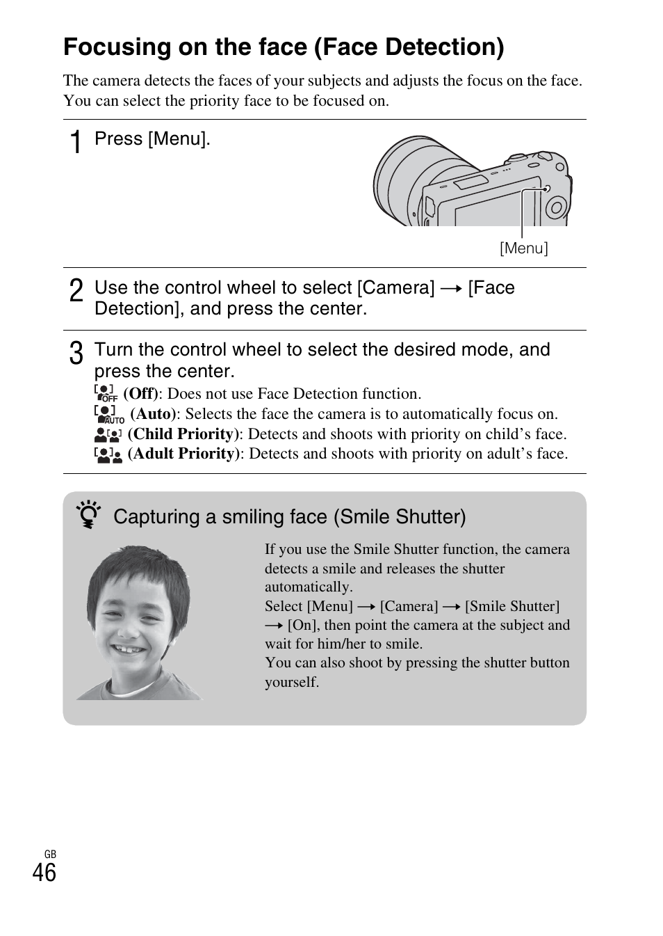 Focusing on the face (face detection), 46 focusing on the face (face detection) | Sony NEX-5 User Manual | Page 46 / 82