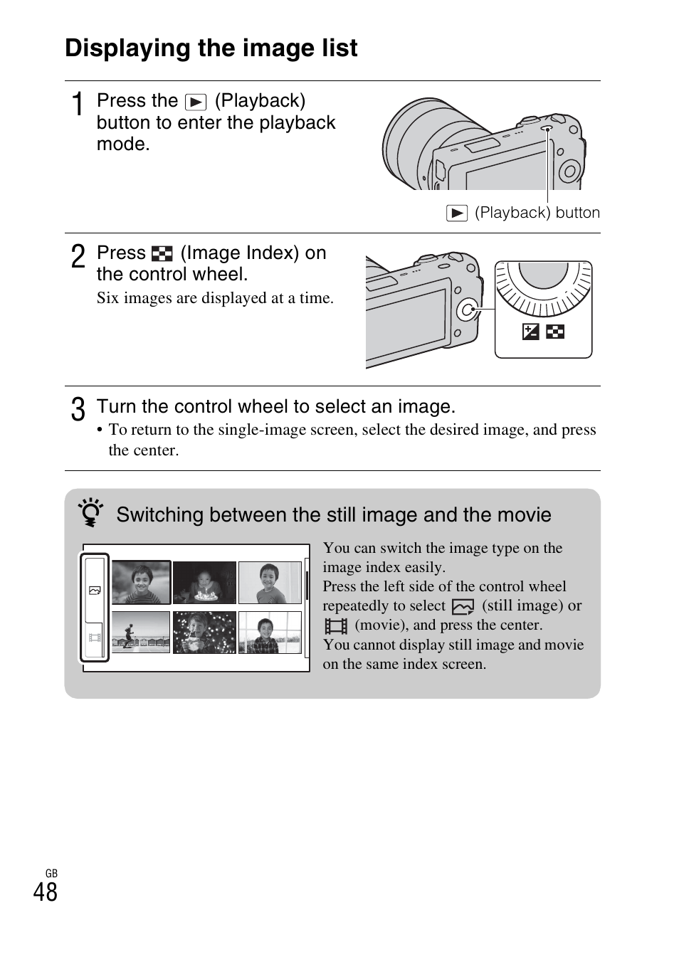 Displaying the image list, 48 displaying the image list | Sony NEX-5 User Manual | Page 48 / 82