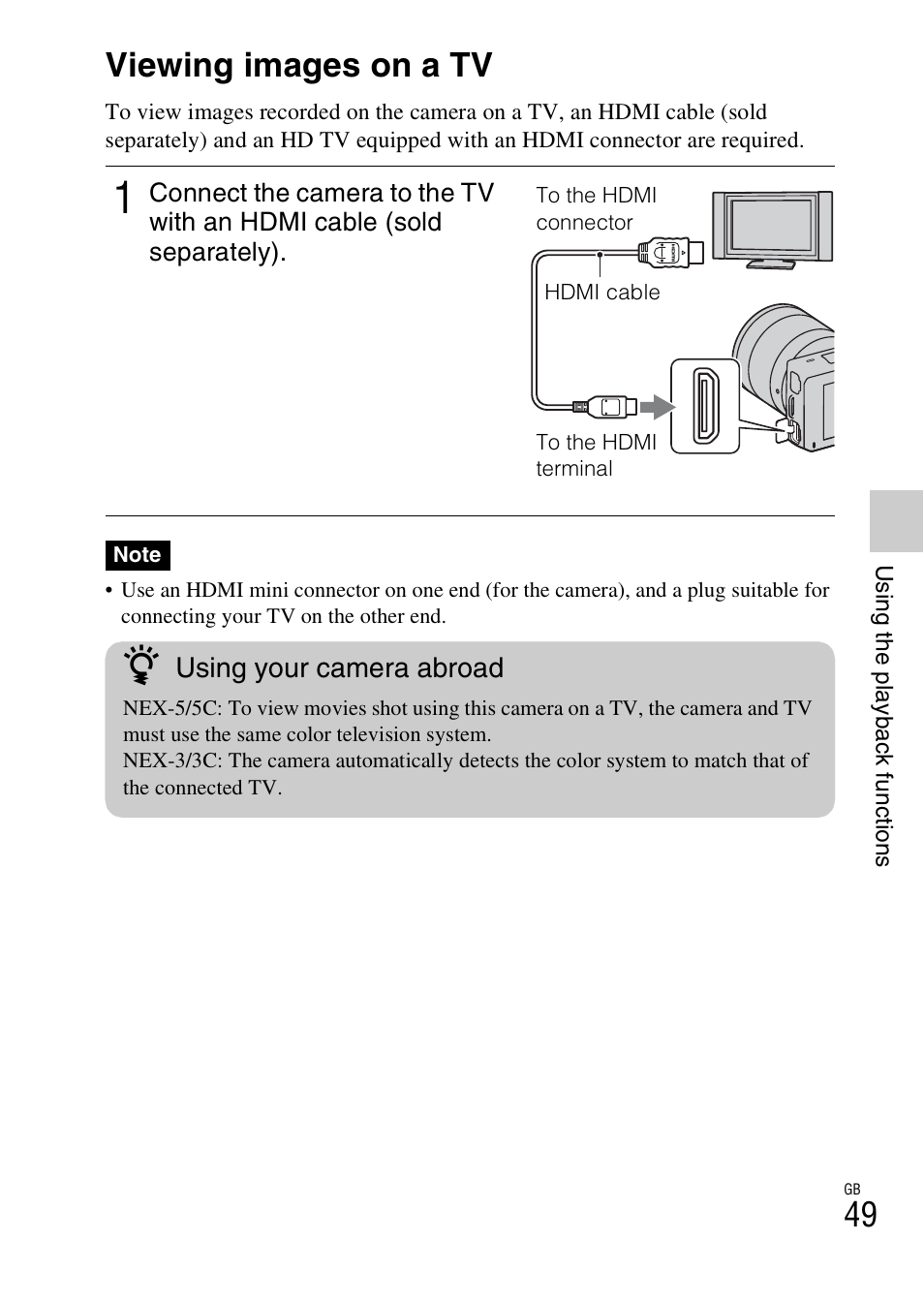 Viewing images on a tv | Sony NEX-5 User Manual | Page 49 / 82