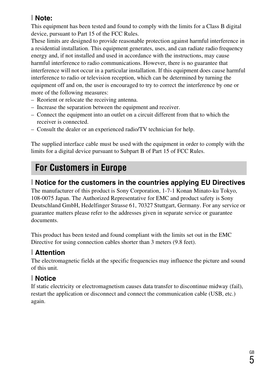 For customers in europe | Sony NEX-5 User Manual | Page 5 / 82