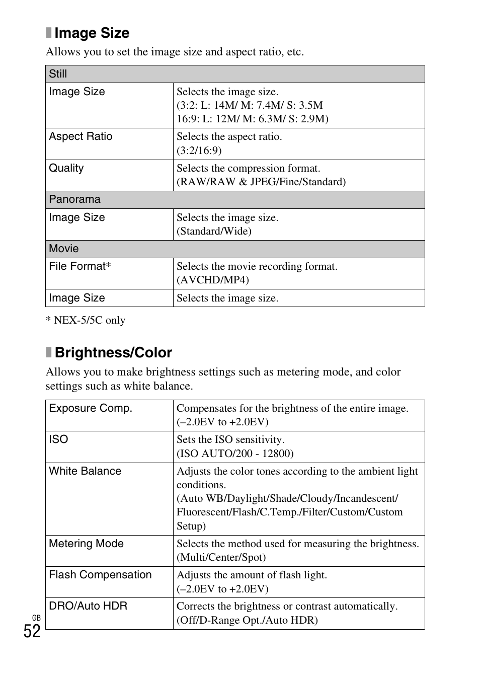Ximage size, Xbrightness/color | Sony NEX-5 User Manual | Page 52 / 82