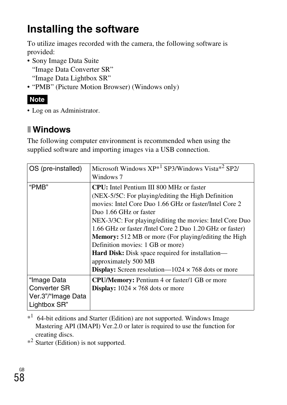 Importing images to the computer, Installing the software, Xwindows | Sony NEX-5 User Manual | Page 58 / 82