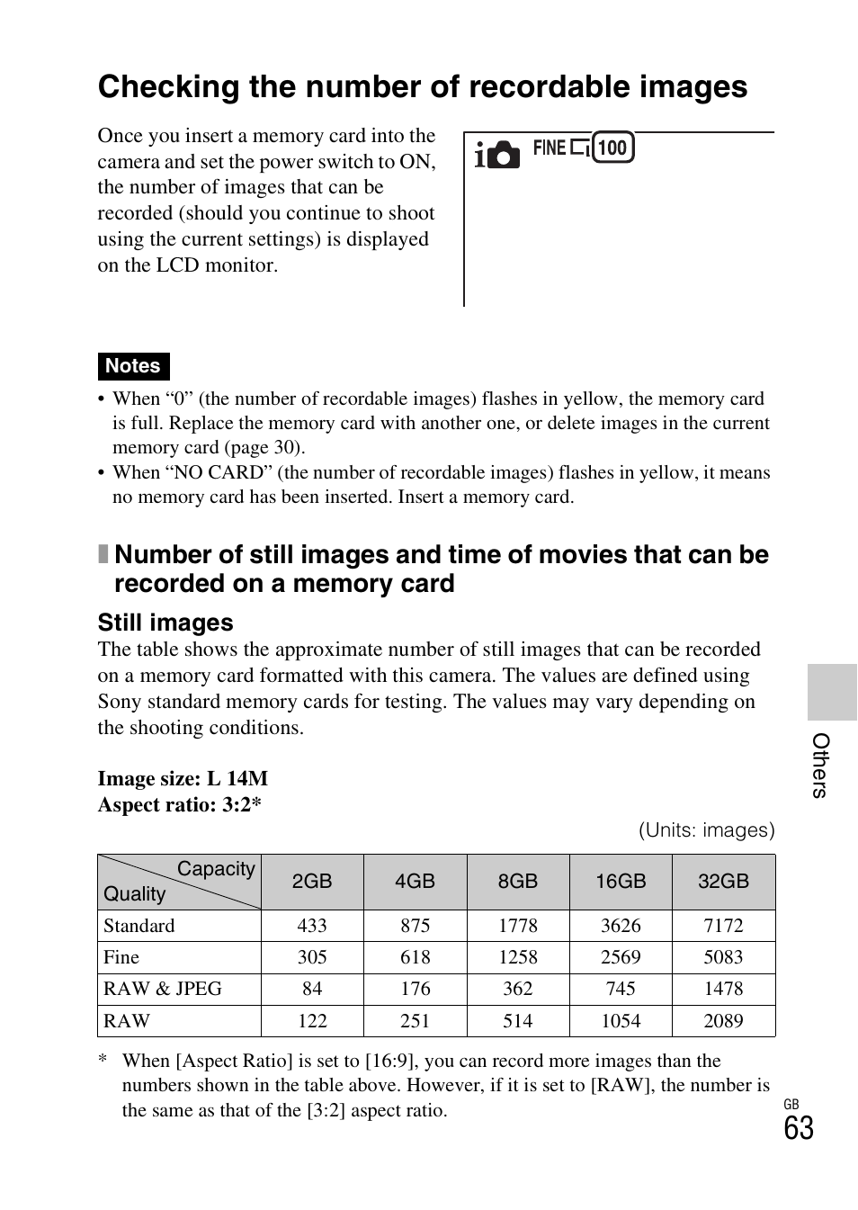 Others, Checking the number of recordable images, Still images | Sony NEX-5 User Manual | Page 63 / 82
