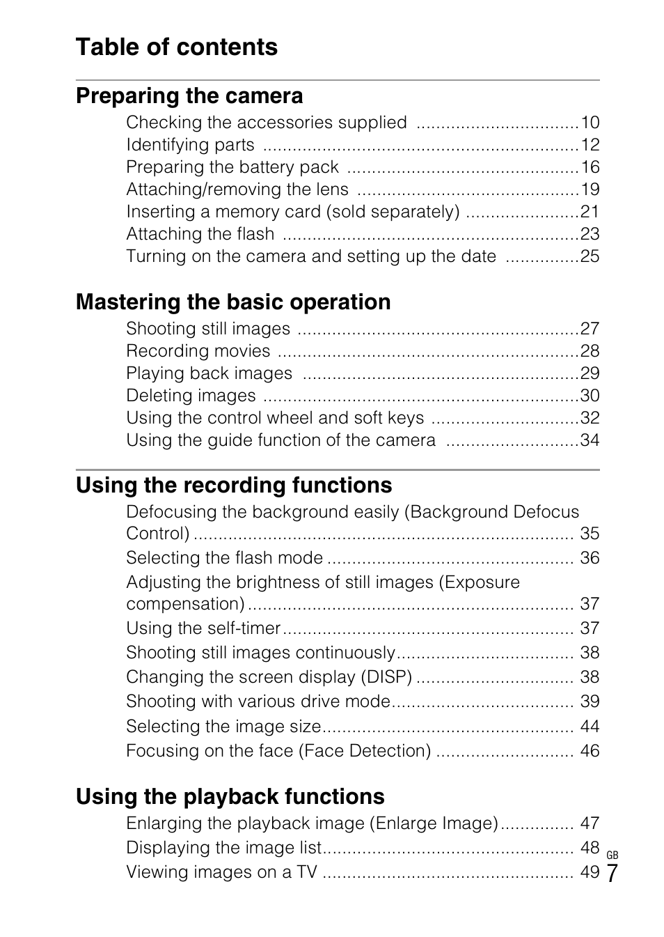 7table of contents, Preparing the camera, Mastering the basic operation | Using the recording functions, Using the playback functions | Sony NEX-5 User Manual | Page 7 / 82
