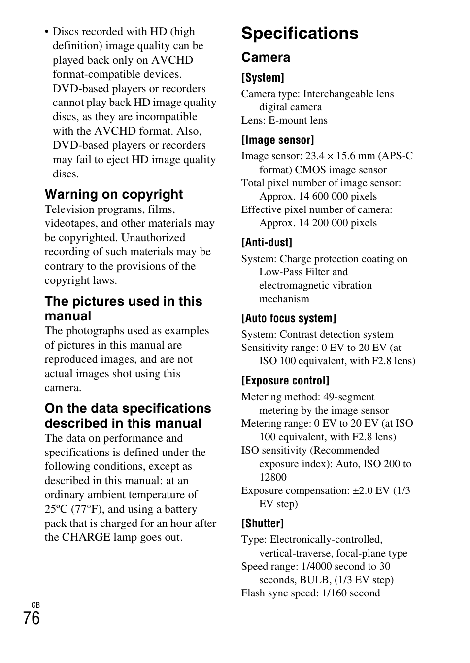 Specifications, Warning on copyright, The pictures used in this manual | Camera | Sony NEX-5 User Manual | Page 76 / 82