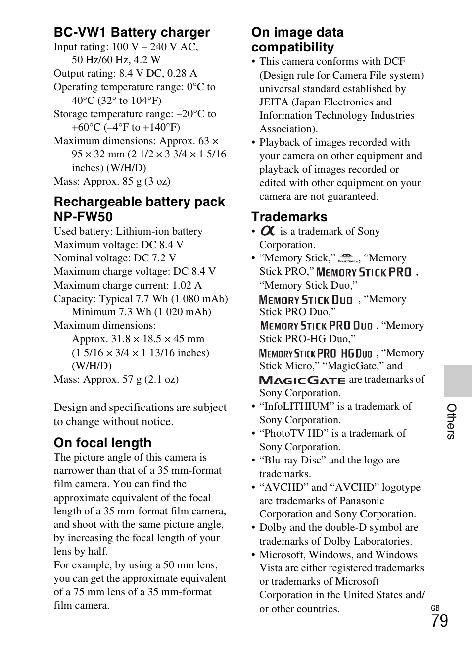 Bc-vw1 battery charger, Rechargeable battery pack np-fw50, On focal length | On image data compatibility, Trademarks | Sony NEX-5 User Manual | Page 79 / 82