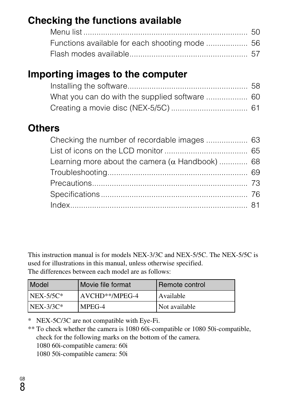 Checking the functions available, Importing images to the computer, Others | Sony NEX-5 User Manual | Page 8 / 82