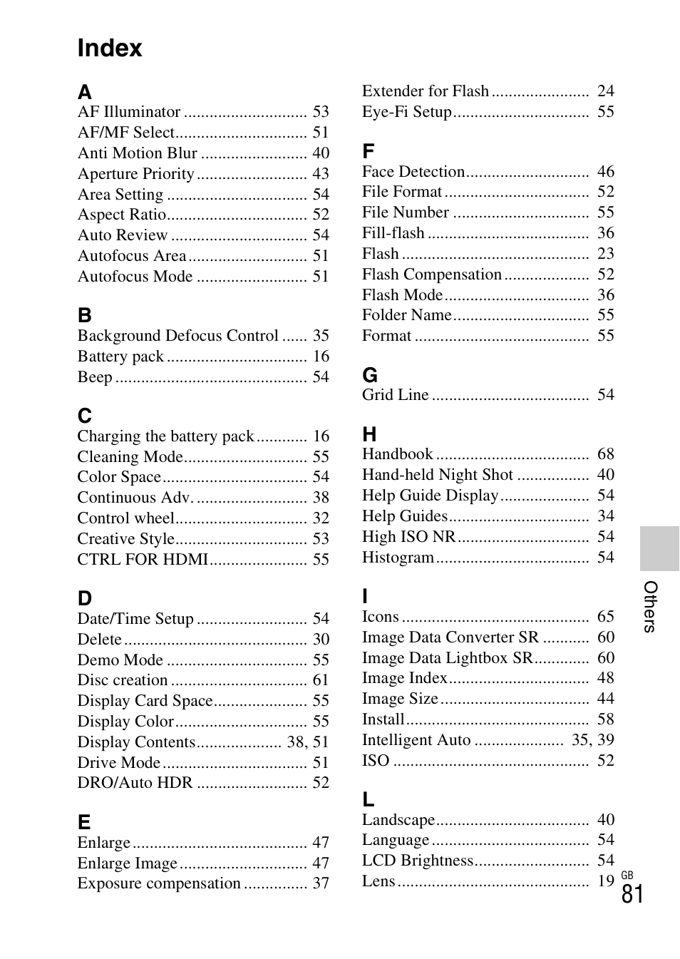 Index | Sony NEX-5 User Manual | Page 81 / 82