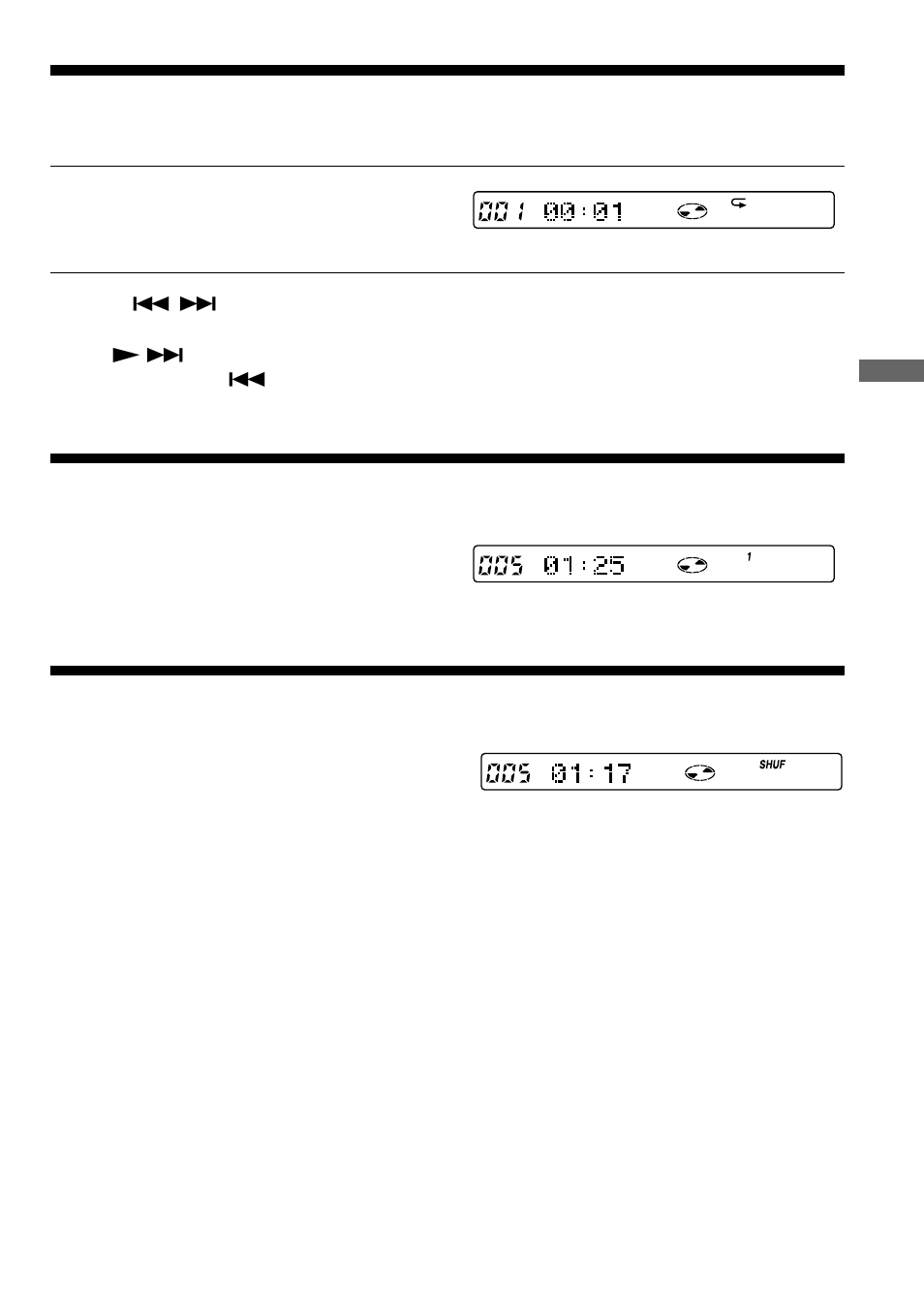 Playing tracks repeatedly (repeat play), Playing a single track (single play), Playing tracks in random order (shuffle play) | Playing tracks in random order, Shuffle play), Playing tracks repeatedly, Playing a single track | Sony D-E888 User Manual | Page 11 / 28