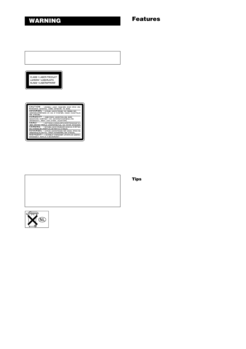 Warning, Features | Sony CMT-C7NT User Manual | Page 2 / 64