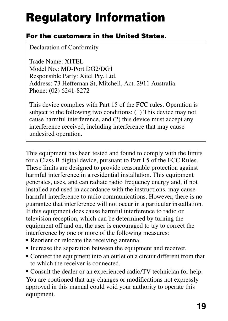 Regulatory information, For the customers in the united states | Sony DG2 User Manual | Page 19 / 20