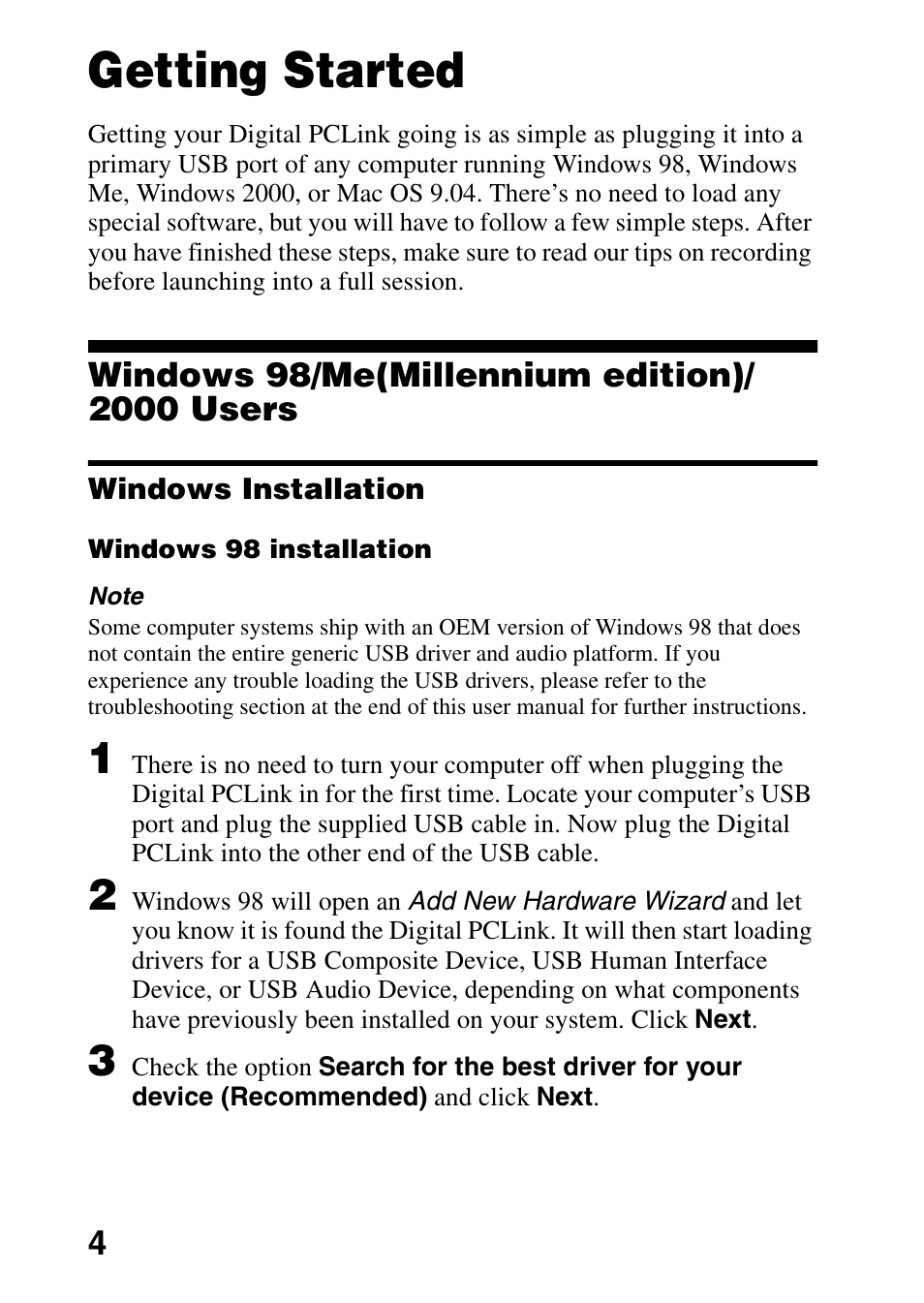 Getting started, Windows 98/me(millennium edition)/ 2000 users, Windows installation | Windows 98 installation, Windows 98/me(millennium edition)/2000 users | Sony DG2 User Manual | Page 4 / 20