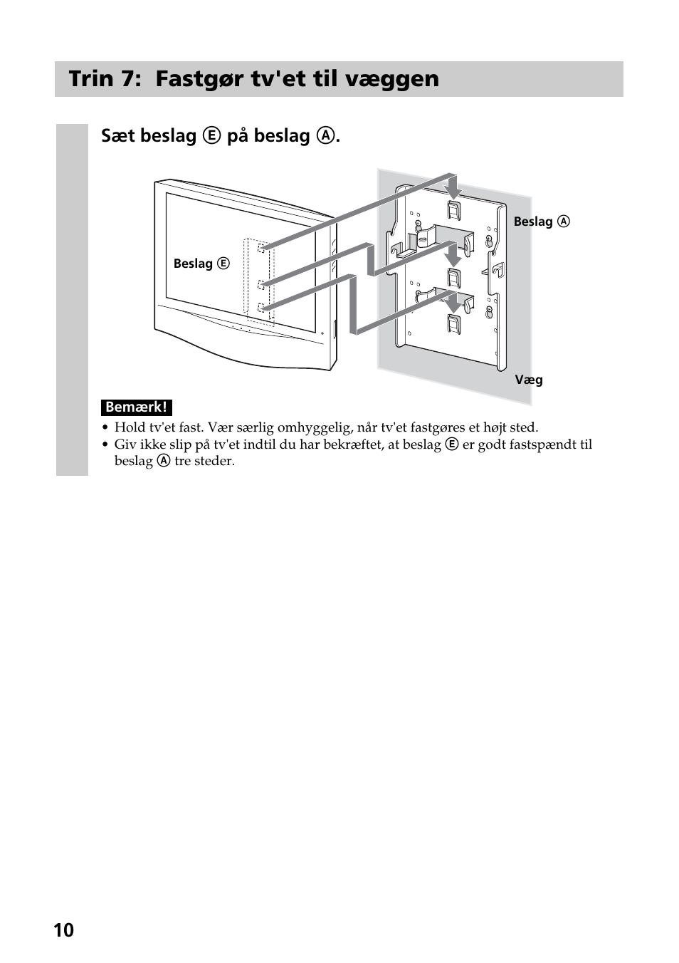 Trin 7: fastgør tv'et til væggen | Sony SU-W210 User Manual | Page 106 / 148