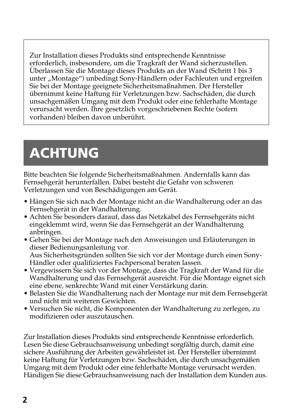 Achtung | Sony SU-W210 User Manual | Page 14 / 148