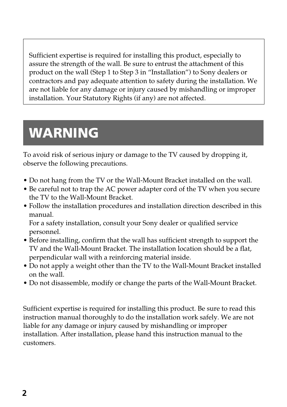 Warning | Sony SU-W210 User Manual | Page 2 / 148