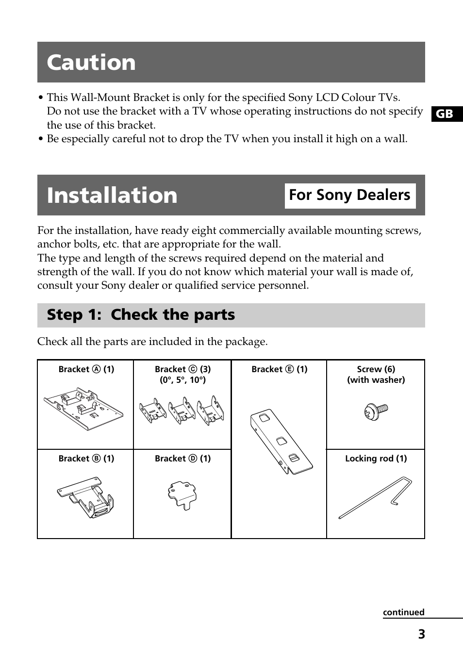 Caution, Installation for sony dealers, Step 1: check the parts | Installation, For sony dealers | Sony SU-W210 User Manual | Page 3 / 148