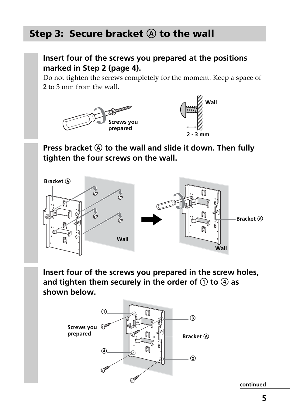 Step 3: secure bracket a to the wall | Sony SU-W210 User Manual | Page 5 / 148